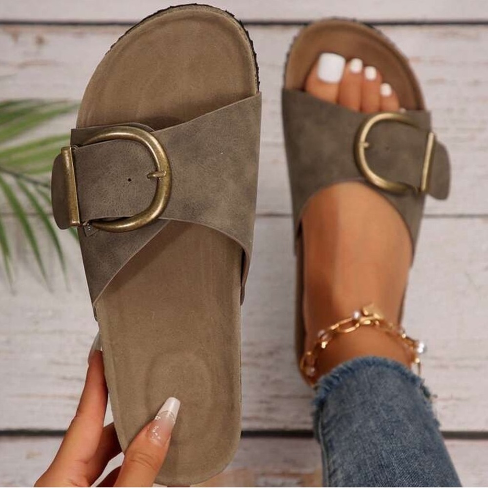 Women’s Taupe Slide Sandals with Buckle